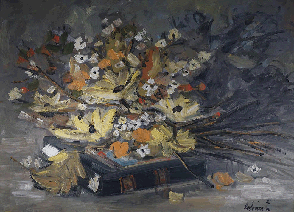 Flower arrangement on books